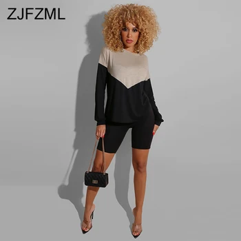

Color Blocking Causal Two Piece Set Women Clothes Round Neck Long Sleeve Loose T Shirt and Bodycon Shorts Plus Size 2 Pcs Outfit