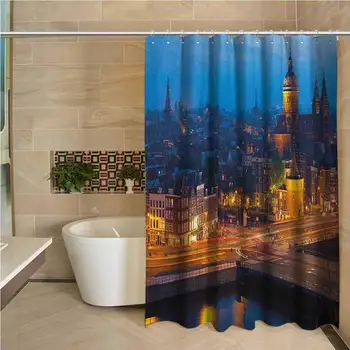 

City Odorless Waterproof Shower Curtain Night View of Amsterdam Famous Landmark European Urban Travel Architecture Large Home