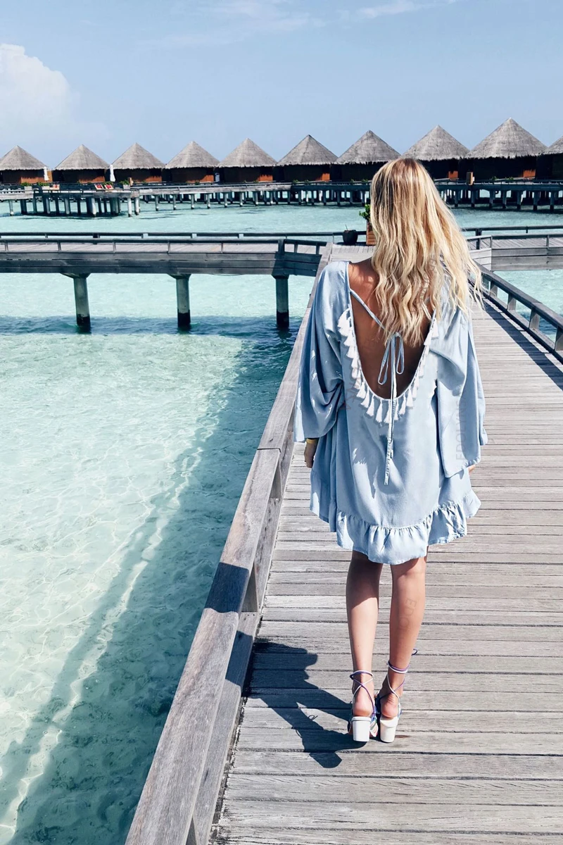 Beach Cover Up Women Plus Size Beachwear Sexy Open Back Summer Beach Dress vestido de playa Blue Cotton Tunic pareo plage A341