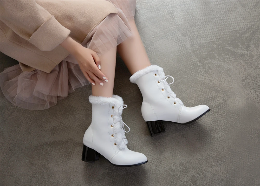 Г. Зимние женские ботильоны на меху Высококачественная однотонная женская обувь на квадратном каблуке со шнуровкой модные ботинки на высоком каблуке Botines Mujer 33