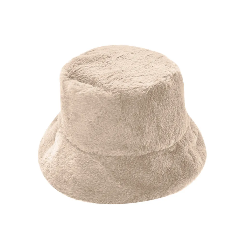 Faux Fur Winter Bucket Hat For Women Girl Fashion Solid Thickened Soft Warm Fishing Cap Outdoor Vacation Hat Cap Lady Panama