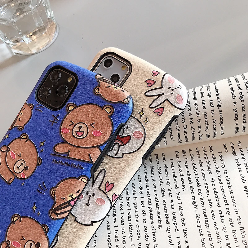 Чехлы для телефонов с забавным медведем и кроликом для iphone 11Pro XS Max X XR, милый мягкий чехол с шелковой текстурой для iphone 11, 7, 8 Plus, чехлы для задней панели
