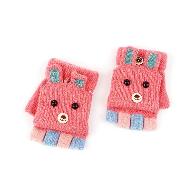 RH Winter Children Warm Gloves 6-12 Years Primary School Cashmere Knit Flip Half Finger Gloves Cartoon Mittens For Boys Girls - Цвет: RH