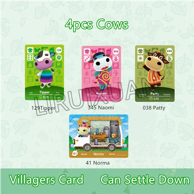 4pcs Cows Animal Crossing New Horizons Villager Cards Patty Naomi Tipper NFC Game Ntag215 Tags For Amiibo Card NS Switch | Безопасность