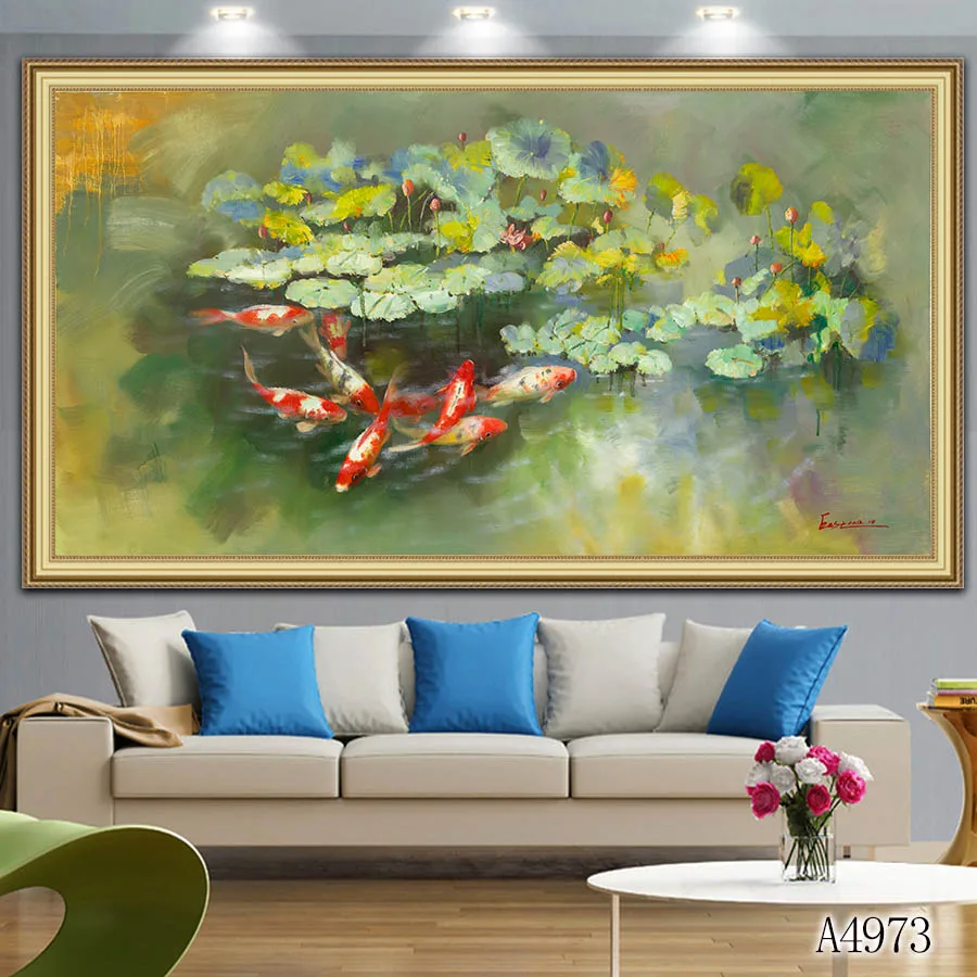 Печать Китайский абстрактный Nine Koi Fish Lotus масляная живопись на холсте плакат фэн шуй Настенная картина для гостиной домашний декор
