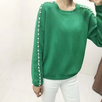

Autumn Winter Women Green Sweater Beading Shoulder O-neck Long Sleeve Fashion Knit Pullover Top