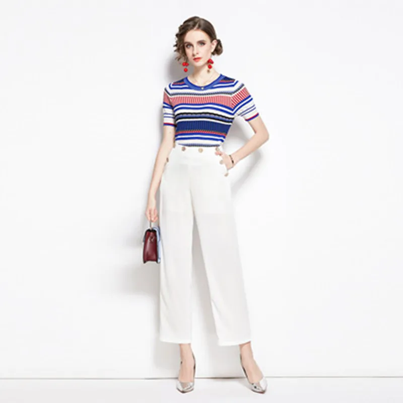 

Women Trousers Set Two Piece 2020 New Elegant Office Lady Outfit Knitted Pullover + Fashion Ankle-length Slim Pants Suit