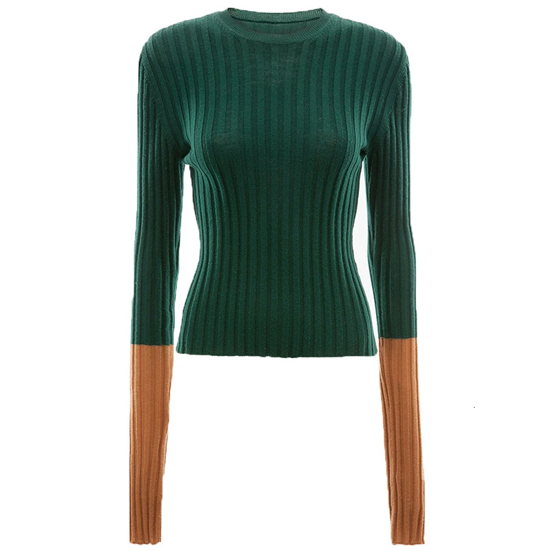 green TWOTWINSTYLE Лоскутные хитовые цветные вязаные свитера для женщин с круглым вырезом и длинным рукавом тонкие пуловеры Женская модная одежда Новинка - Цвет: green