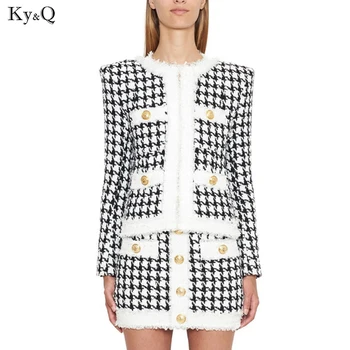 

2020 Women best quality Autumn Winter Baroque Designer Jacket Women's Color Block Zip Houndstooth Fringed Tweed Jacket OverCoat