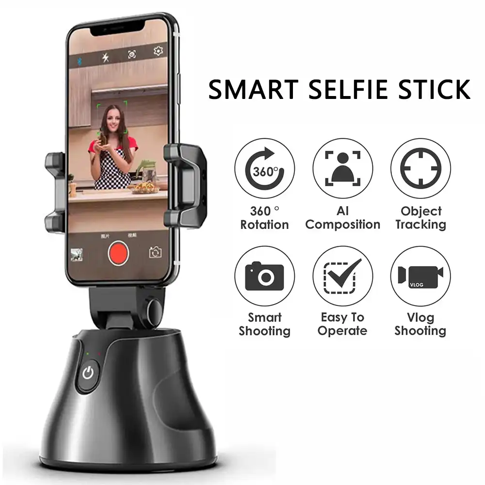 Smart Portable Selfie Stick,360/°Rotation Auto Face Object Tracking Camera Tripod Holder Smart Shooting Cell Phone Camera Mount Vlog Shooting Smartphone Mount Holder for All iPhone Android Phone