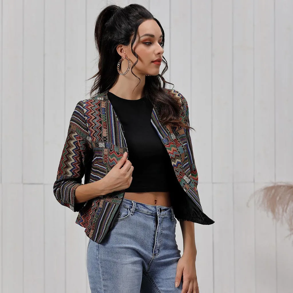 Jacket Women's Clothing Printing Embroidered Half Sleeve V-neck Woman Jackets Casaco Feminino Ali01