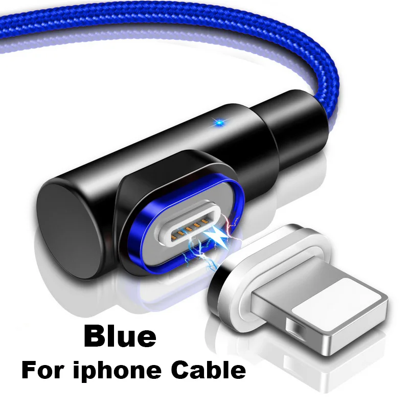 Магнитный usb-кабель для зарядки, 90 градусов, 3 А, быстрая зарядка, Micro usb type C, зарядное устройство для телефона, адаптер, освещение для iPhone, Xiaomi, USBC, провод - Цвет: For iphone Blue