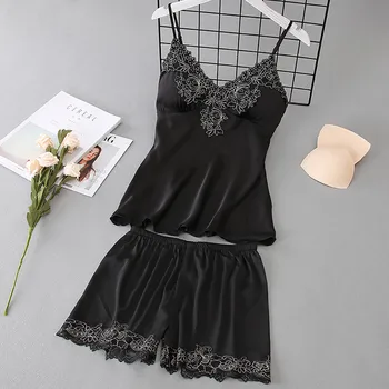 

New Women V-Neck Eyelash Silk Lace Sexy Pajamas Stain V-neck Patchwork Sleeveless Camisole Bowknot Shorts Sleepwear Nightwear