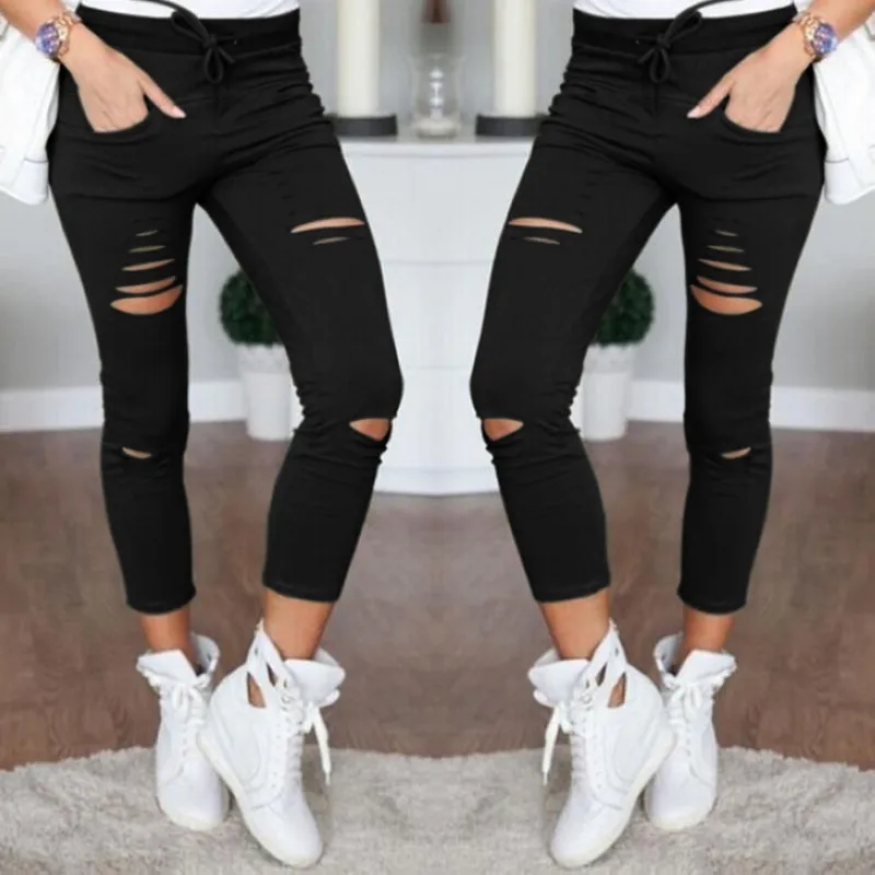 

Fashion Women Skinny Ripped Holes Jeans High Waist Stretch Slim Pencil Trousers Casual Solid Shredded leggings Pants