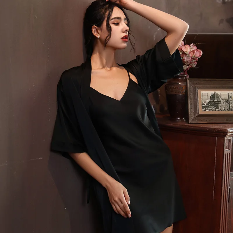 Solid Color Sleepwear Intimate Lingerie Sexy Homewear Nighty&robe Women 2Pcs Robe Nightdress Set Rayon Silk Bathrobe Nightgown