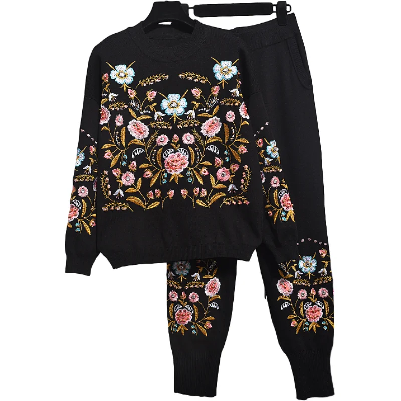 Autumn Winter Black Tracksuit Knitted Set Embroidery Flowers Long Sleeve Sweater + Casual Pants Two Piece Women Outfits H700 |