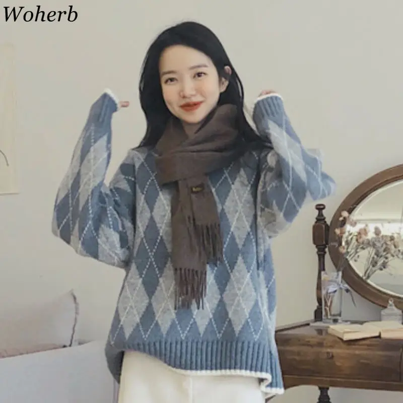 Woherb Pull Femme корейский винтажный свитер женский клетчатый пуловер с длинным рукавом повседневные свободные Джемперы Осень Зима Новая мода 91068