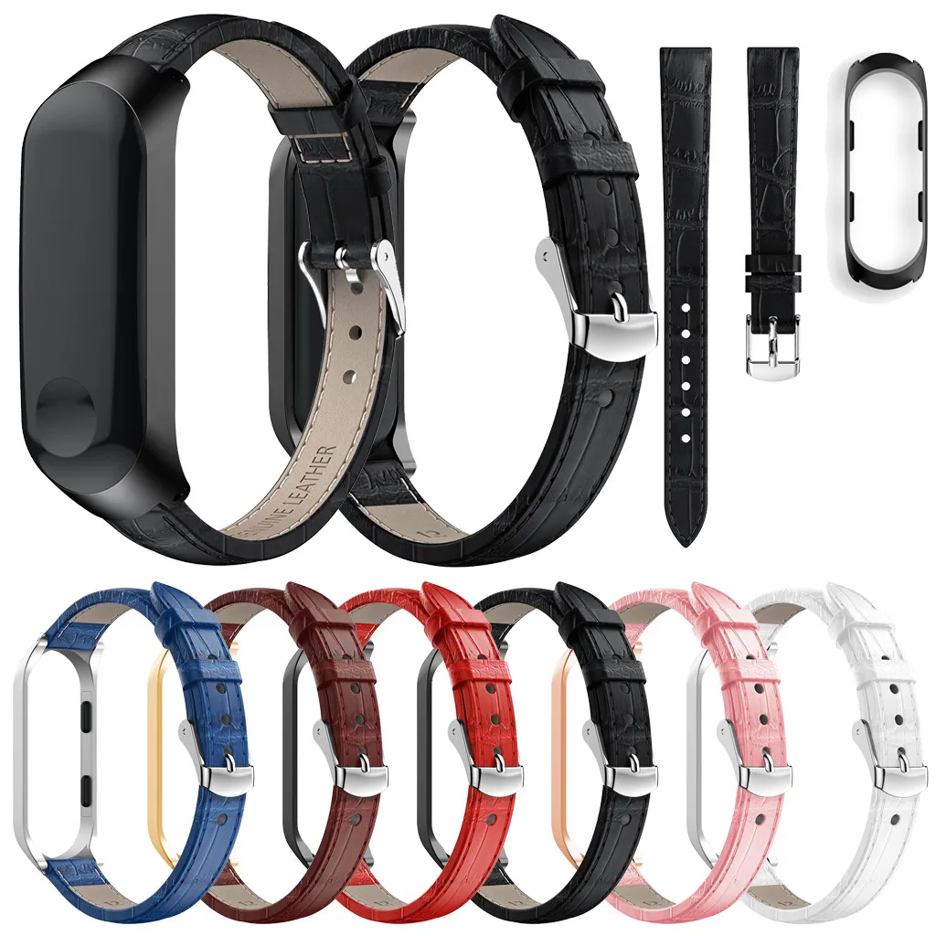 

Color Watchbands Replacement Leather Wristband Band Strap + Metal Case For Xiaomi Mi Band 3 smart bracelet #40