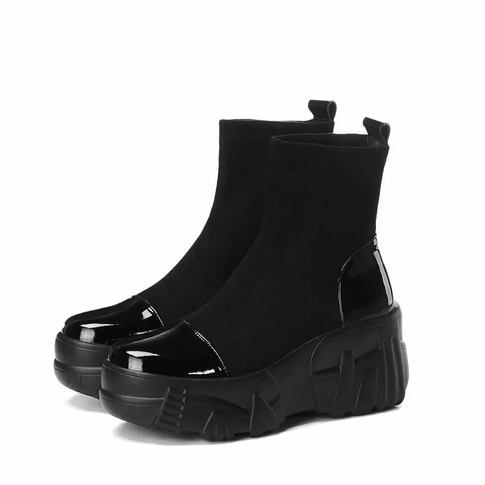 Черный krazing pot superstar genuine leather flock high heel round toe patch work thick bottom slip on stretch mid-calf boots l81 - Цвет: Черный