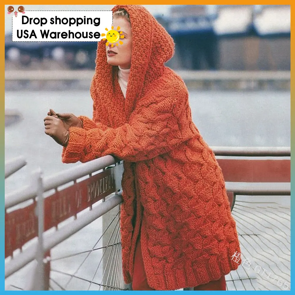 

2020 Autumn and Winter Solid Color Knitted Cardigan Thick Twist Hooded Sweater Coat Female Knitted Outwear Plus Size Coat
