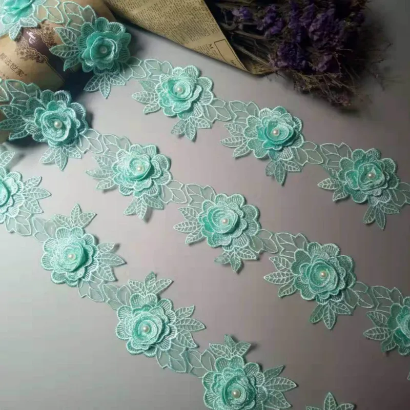 

2 Yard Soluble Green Rose Flower Pearl Chiffon Embroidered Lace Trim Ribbon Fabric Handmade Vintage Wedding Dress Sewing Craft