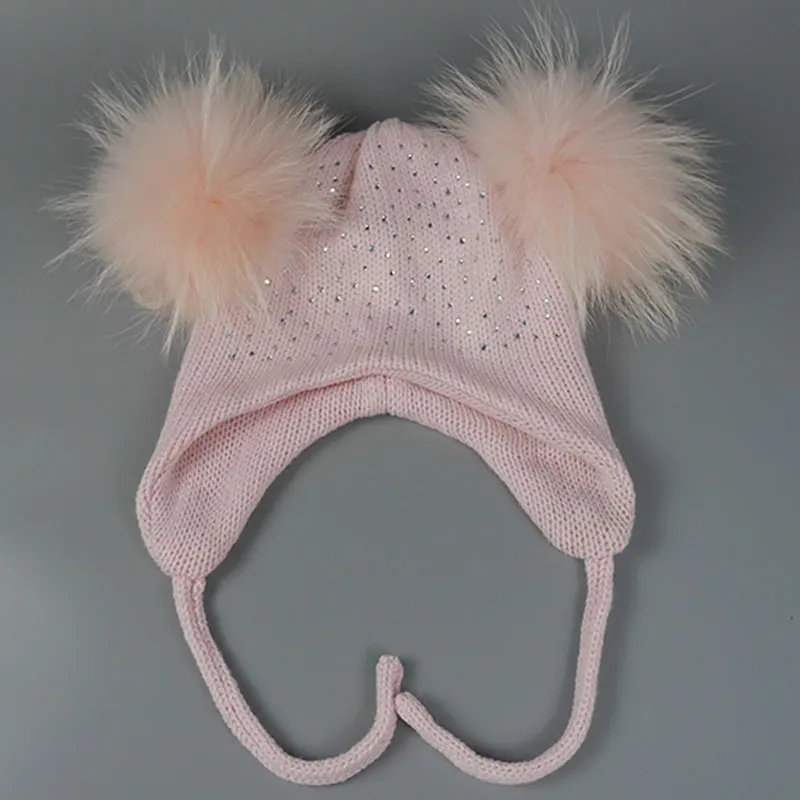 Толстая ушанка зимняя шапка для девочек с двойным натуральным меховым помпоном теплые шапочки-бомберы для детей с помпоном
