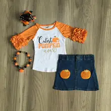 Детская одежда на Хэллоуин для девочек джинсовые наряды джинсовые шорты футболка с принтом тыквы для девочек бутик наряды с аксессуарами