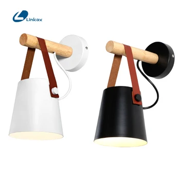 

Modern Nordic Style LED Wall Light PU Leather Wood Wall Lamps Bed Bedside Light E27 85-265V White Black Lampshade Home Decor