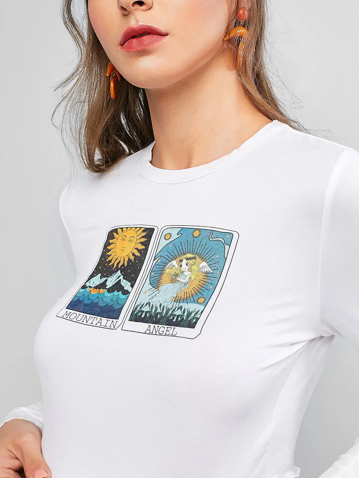 ZAFUL Tarot Card Graphic, длинные рукава, обрезанный подол салата, Сексуальная футболка для женщин, круглый вырез, принт, графические футболки, пуловеры, футболка