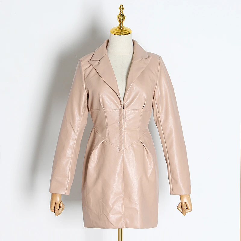 pink TWOTWINSTYLE, винтажные Куртки из искусственной кожи для женщин, v-образный вырез, длинный рукав, высокая талия, с рюшами, Осенние тонкие пальто для женщин, мода, новинка - Цвет: pink