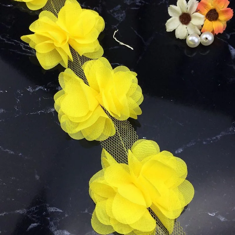 Цветы 3D шифон кластер Цветы Кружева платье украшение кружевная ткань аппликация отделка Швейные принадлежности - Цвет: Yellow