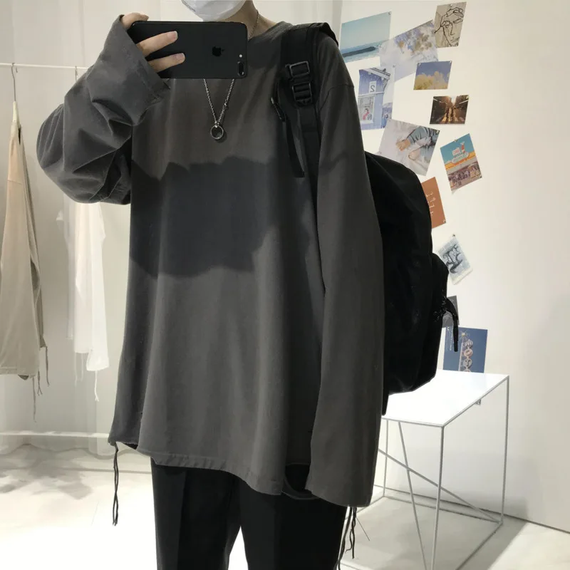 

Autumn Ripped Long-sleeved T-shirt Men's Fashion Solid Color Cotton Casual T-shirt Men Streetwear Loose Hip-hop Hole Tshirt Mens