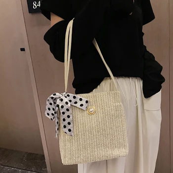 

2019 New Style Collection Bag Casual Grass Woven Bag Korean Style Women Simple Lace Shoulder Bag With Drawstring