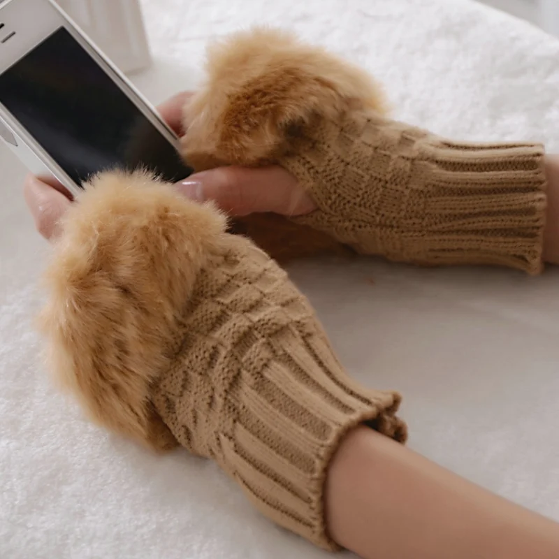 

New Knitted Wool Faux Fur Fingerless Winter Gloves Women Wrist Soft Warm Luvas Fitness Cute Lovely Tactical Guantes Glove
