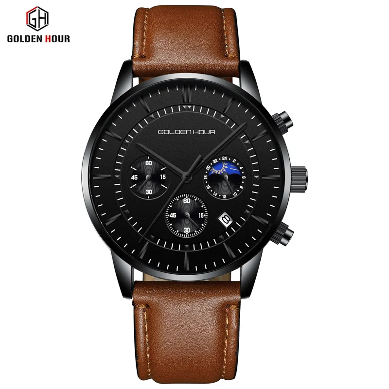 Leather B B Мужские часы лучший бренд класса люкс GOLDENHOUR Модные мужские в деловом стиле Мужские кварцевые часы спортивные Водонепроницаемые наручные часы Relogio Masculino - Цвет: Leather B B