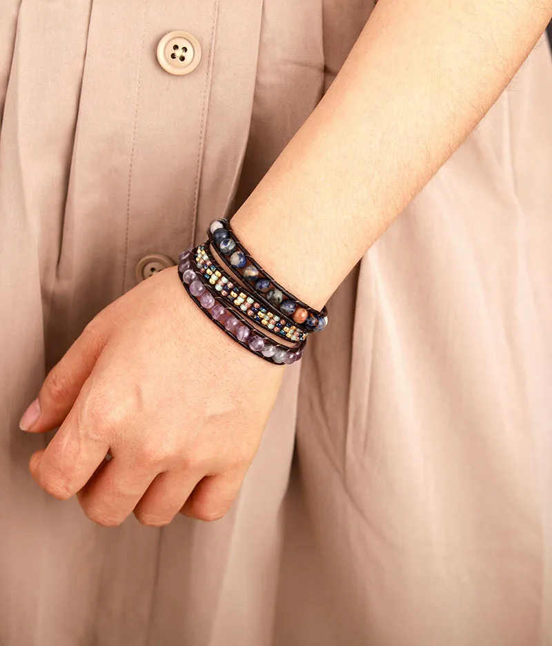 Cool Black Leather Wrap Bracelets W/ Natural Stone Beaded Triple Statement Strand Bracelet Bijoux Femme Bohemian Beads Jewelry