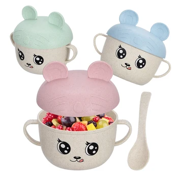 

2Pcs/Set Baby Feeding Food Tableware Wheat Cartoon Kids Dishes Children Eating Dinnerware Set Anti-hot Plate Training Bowl+spoon