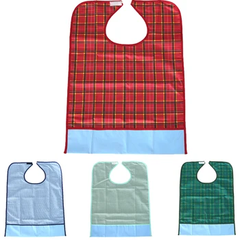 

3 Colors PVC Large Reusable Waterproof Adult Mealtime Bib Disability Clothes Protector Apron Grid Pattern