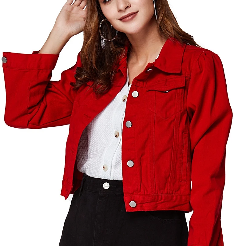 Red Long Sleeves Denim Jackets, Slim Fit Single-breasted Button Lapel  Versatile Denim Coats, Women's Denim Clothing - Temu
