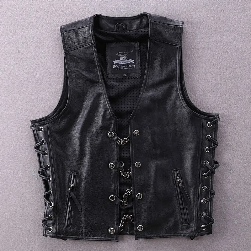 

2020 Men's Genuine Leather Motorcycle Vest Cowhide Chain Decoration Slim Short Youth Vests Locomotive Black Sleeveless Jacket