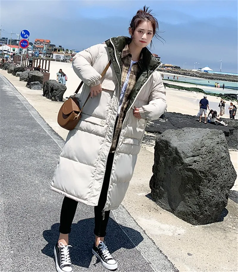 Новая зимняя Корейская длинная хлопковая куртка-пуховик женская Свободная Повседневная теплая хлопковая куртка кремово-белая женская