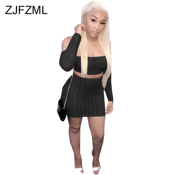 

Spark Sequins Sexy Two Piece Skirt Set Women Slash Neck Open Back Crop Top and High Waist Bodycon Mini Skirts Mesh Club Outfits