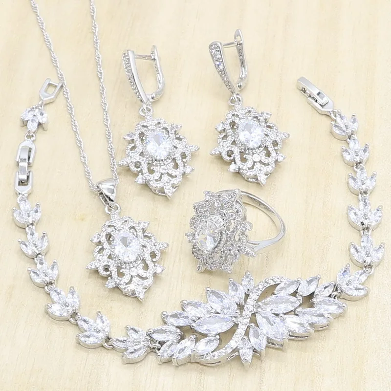 Классические 925 Серебряные Ювелирные наборы для женщин белые циркониевые серьги кулон ожерелье кольцо браслет подарок на день рождения