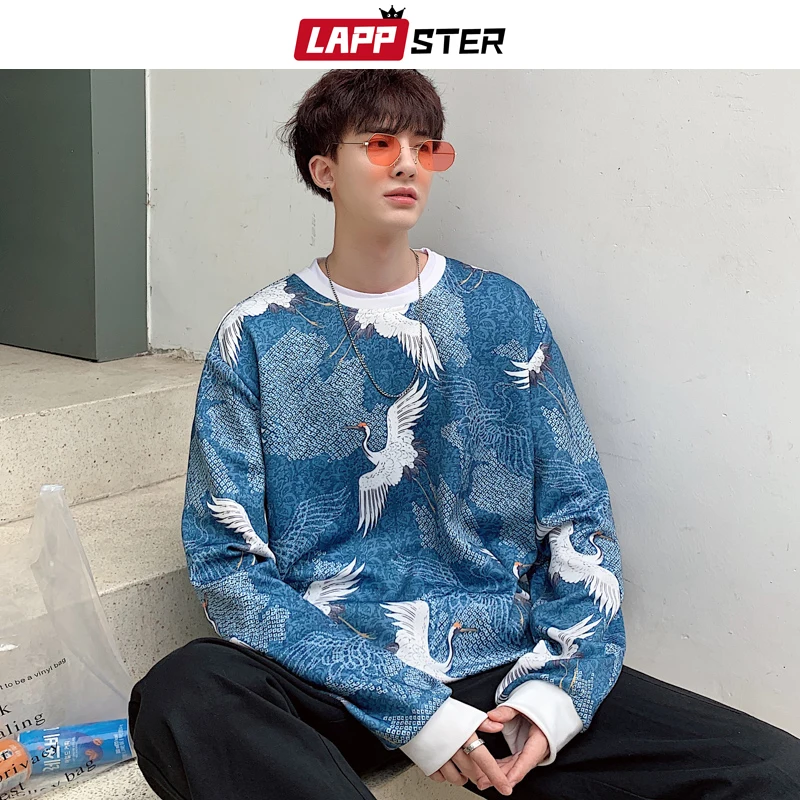 LAPPSTER Men Patchwork Crane Oversized Hoodies Mens Japanese Streetwear Hip Hop Sweatshirts Male Harajuku Kpop Hoodie 5XL