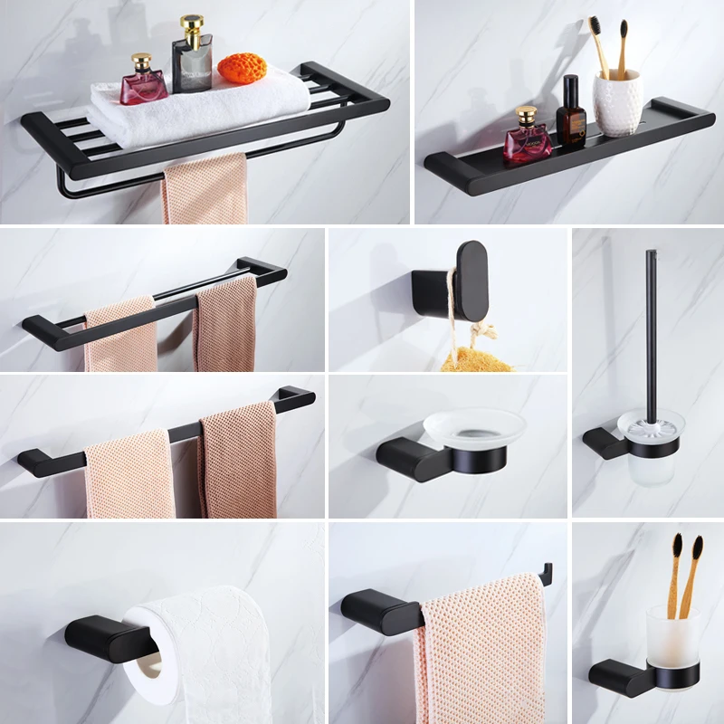 

Matte Black Bathroom Accessories Set Towel Bar Hanger Hook Wall Mounted Tissue Paper Holder Soap Dish Toothbrush Cup Holder Rack