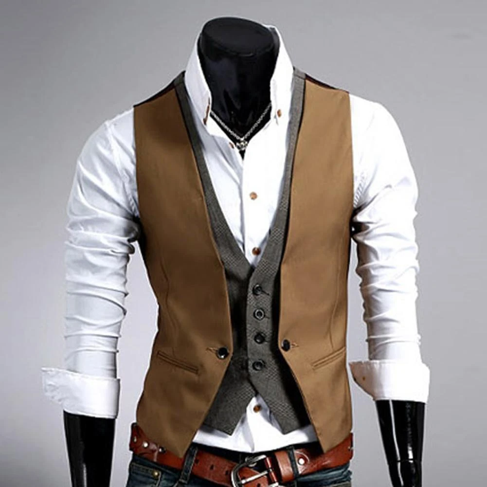 Men Formal Waistcoat Vest Business Solid Color Single Button Vest gilet  Fake Two pieces V Neck Casual Slim chalecos para hombre|Vests| - AliExpress