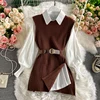 2022 spring autumn women's lantern sleeve shirt knitted vest two piece sets of College style waistband vest two sets top UK900 ► Photo 3/6