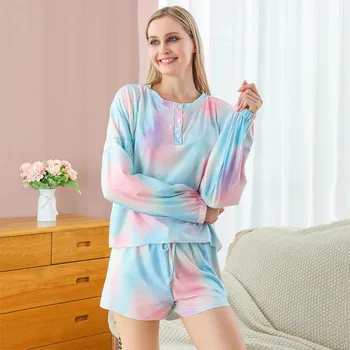 

CHAMSGEND Two Piece Sets 2020 Womens Tie-Dye Print Shorts Long Sleeve Tops 2 Piece Pajamas Set Sleepwear Clothes For Women F713