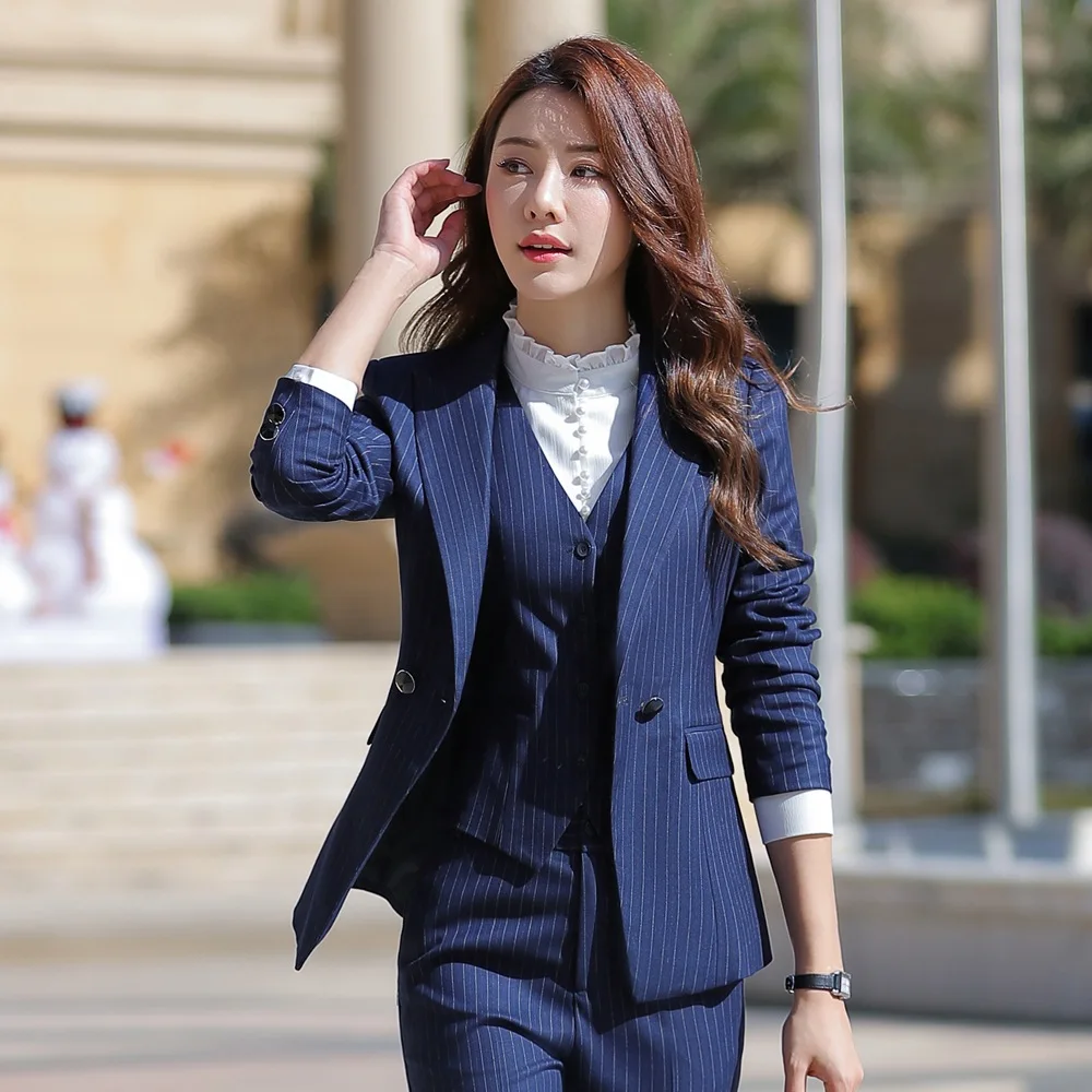 blue jacket Элегантный женский костюм, юбка, два предмета, в полоску, длинный рукав, Блейзер, офисный, для девушек, тонкий, формальный, блейзер и брюки, комплект, офисная одежда, костюм - Цвет: blue jacket
