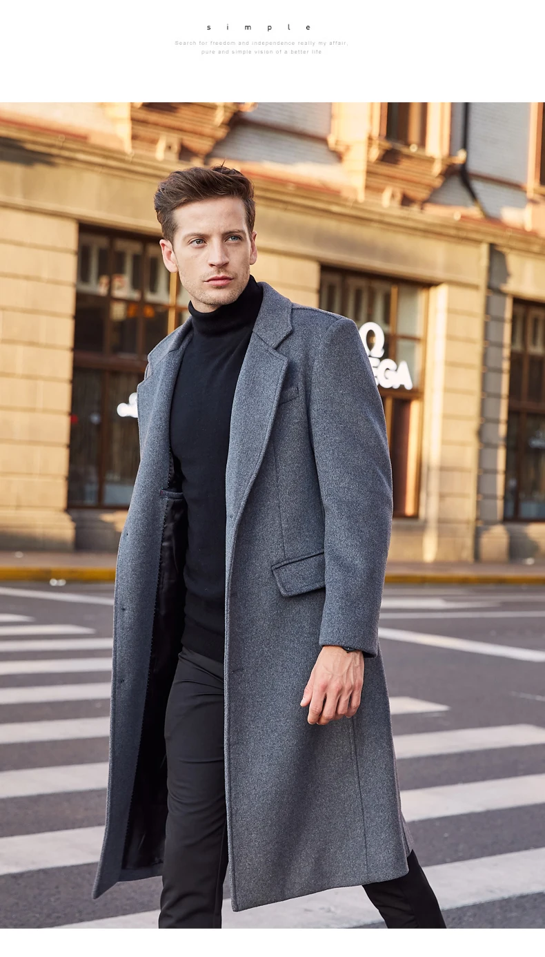 Мужское шерстяное пальто, Осень-зима, новое деловое повседневное шерстяное пальто, однобортный длинный Тренч, шерстяное пальто выше колена, твидовое пальто
